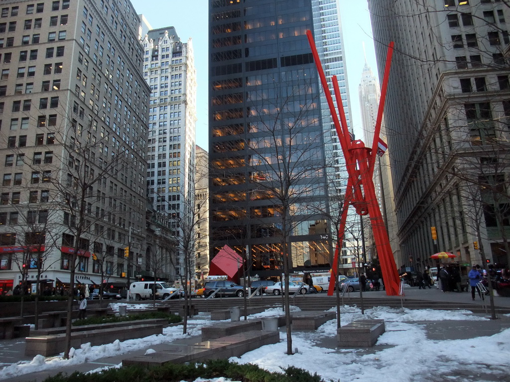 Zucotti Park (Liberty Plaza Park) with the sculpture `Joie de Vivre` by Mark di Suvero