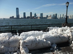 Snow at the Battery Park City Esplanade and the skyline of Jersey City