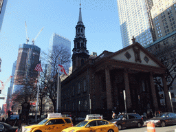 One World Trade Center building, under construction, and Saint Paul`s Chapel