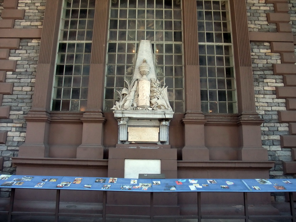 Monument to Brigadier General Richard Montgomery and photos of 9/11, at the front of Saint Paul`s Chapel