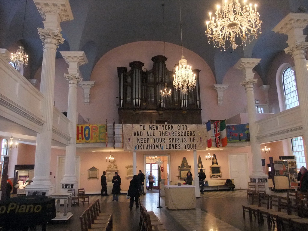 Nave and organ at Saint Paul`s Chapel, during the `Healing Hearts and Minds` 9/11 exhibit