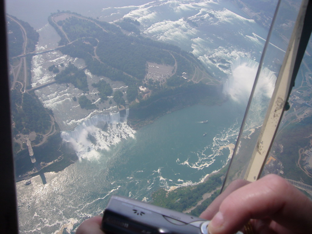 View from the helicopter on the Niagara Falls (both the Horseshoe Falls and the American Falls)
