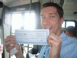 Tim and his flight certificate of the National Helicopters Niagara Falls Heli Tours