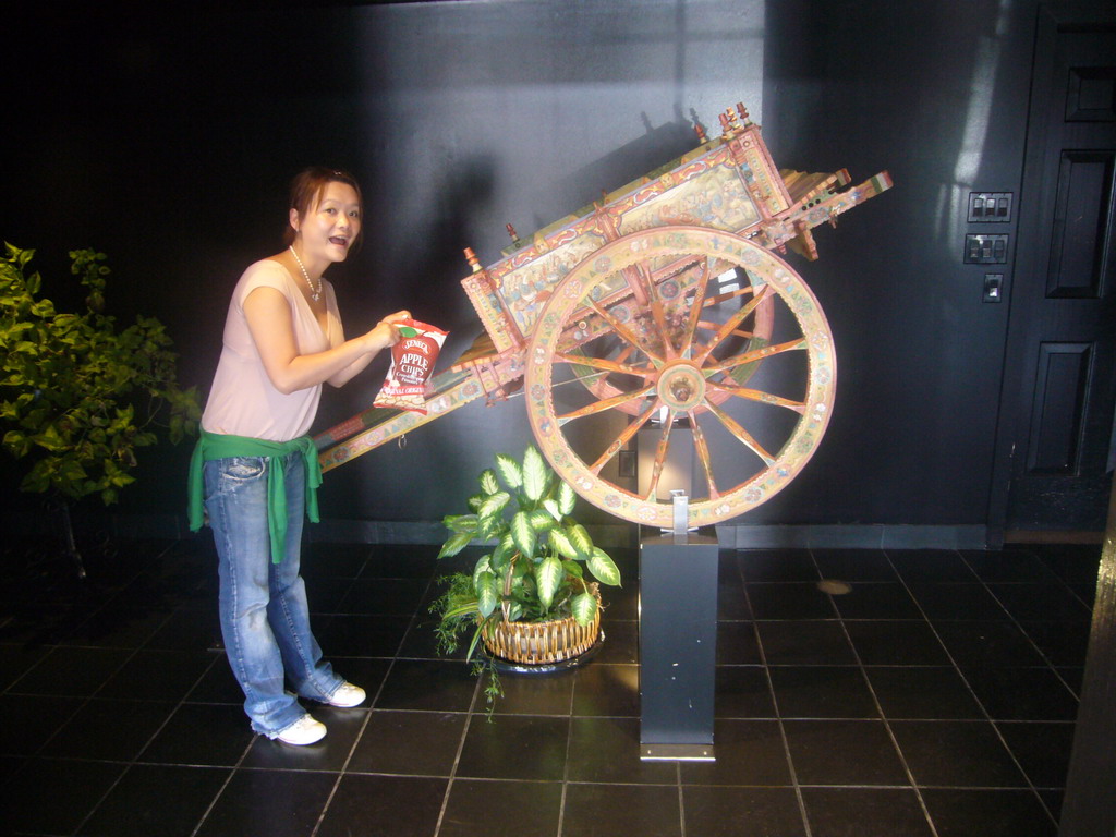 Miaomiao with a wheel cart at the Pillitteri Estates Winery in Niagara