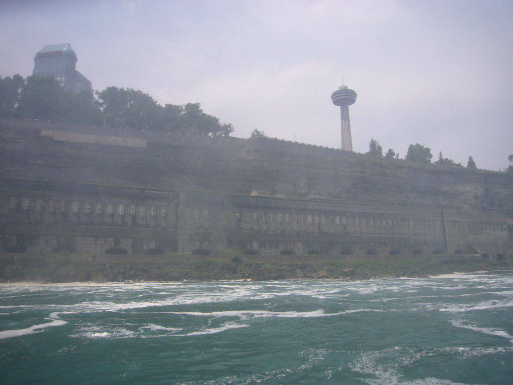 Niagara Falls city, with the Skylon Tower and some hotels, from the Maid of the Mist boat