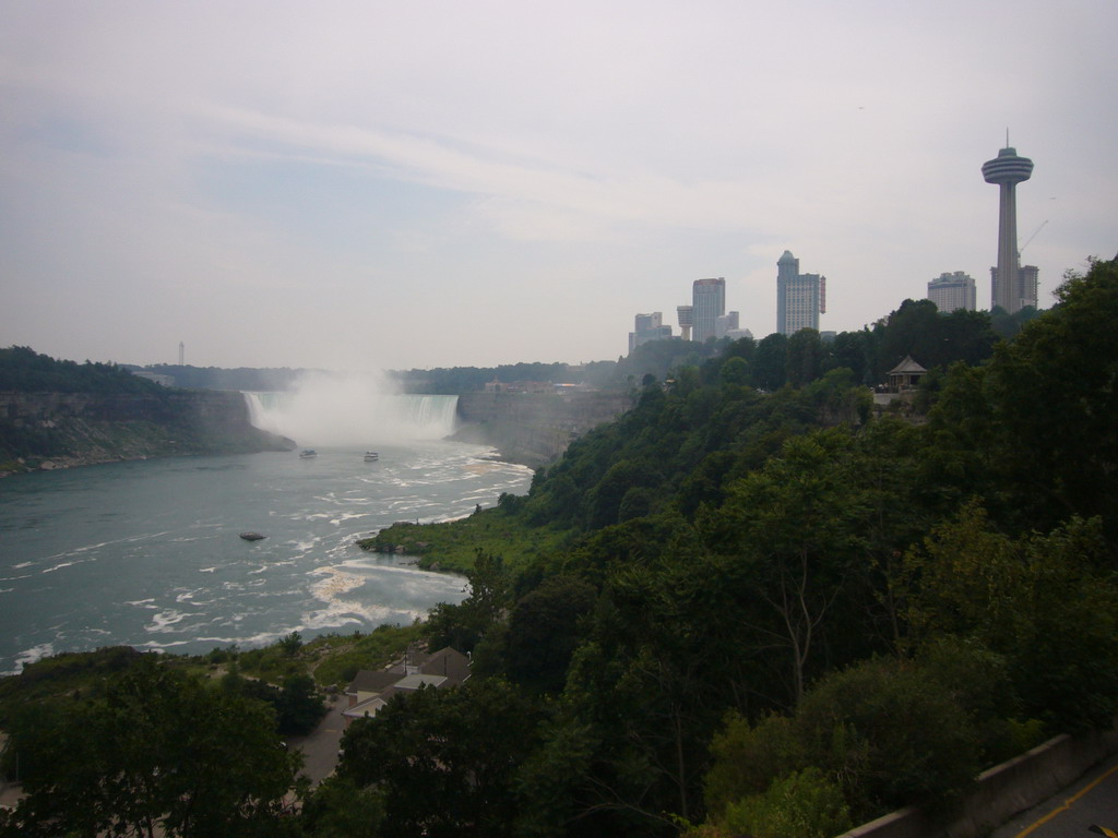 The Horseshoe Falls and Niagara Falls city, with the Skylon Tower and some hotels