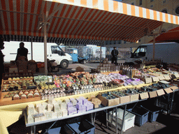 Market stall with soaps at the Marché aux Fleurs market at the Cours Saleya street, at Vieux-Nice