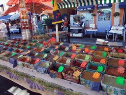 Market stall with spices at the Marché aux Fleurs market at the Cours Saleya street, at Vieux-Nice