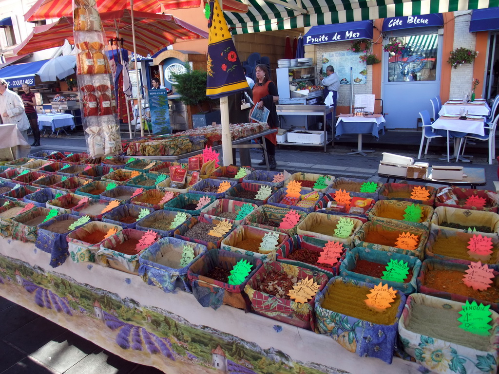 Market stall with spices at the Marché aux Fleurs market at the Cours Saleya street, at Vieux-Nice