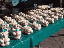 Market stall with garlic at the Marché aux Fleurs market at the Cours Saleya street, at Vieux-Nice