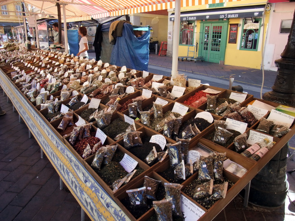 Market stall with herbs at the Marché aux Fleurs market at the Cours Saleya street, at Vieux-Nice