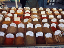 Market stall with spices at the Marché aux Fleurs market at the Cours Saleya street, at Vieux-Nice