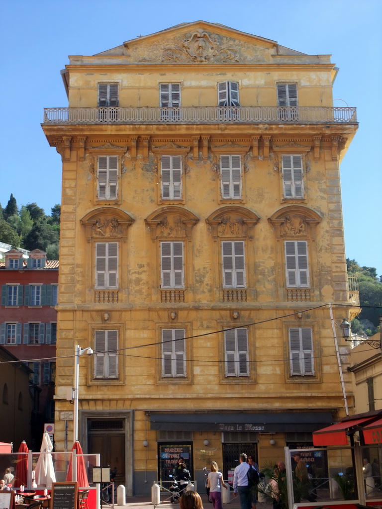 Facade of a house at the east end of the Place Charles Félix square, at Vieux-Nice