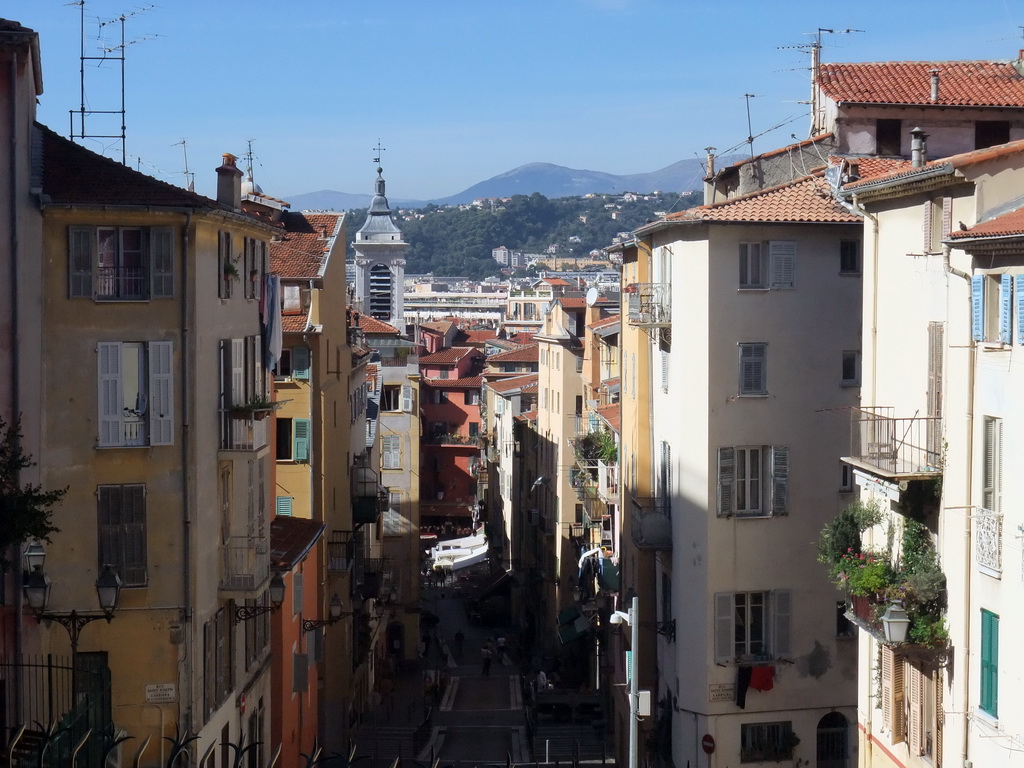 The Rue Rossetti street, with the tower of the Sainte-Réparate Cathedral, viewed from the staircase to the Parc du Château, at Vieux-Nice