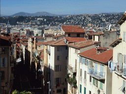 The Rue Rossetti street, with the tower of the Sainte-Réparate Cathedral, viewed from the staircase to the Parc du Château, at Vieux-Nice