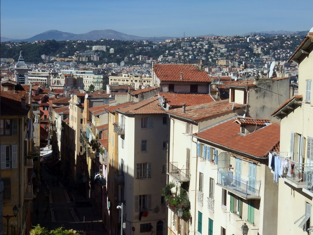 The Rue Rossetti street, with the tower of the Sainte-Réparate Cathedral, viewed from the staircase to the Parc du Château, at Vieux-Nice