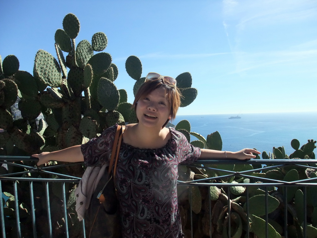 Miaomiao with the cactuses and the Mediterranean Sea, viewed from the Parc du Château