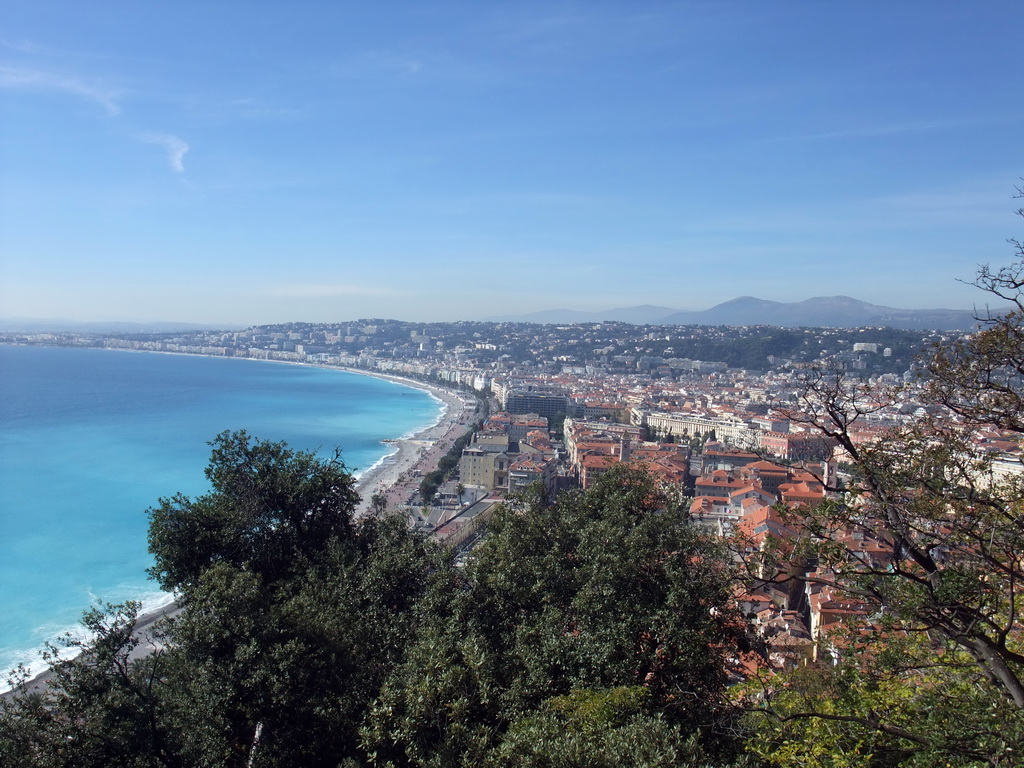 Trees, the Promenade des Anglais, the Mediterranean Sea and Vieux-Nice, viewed from the Parc du Château
