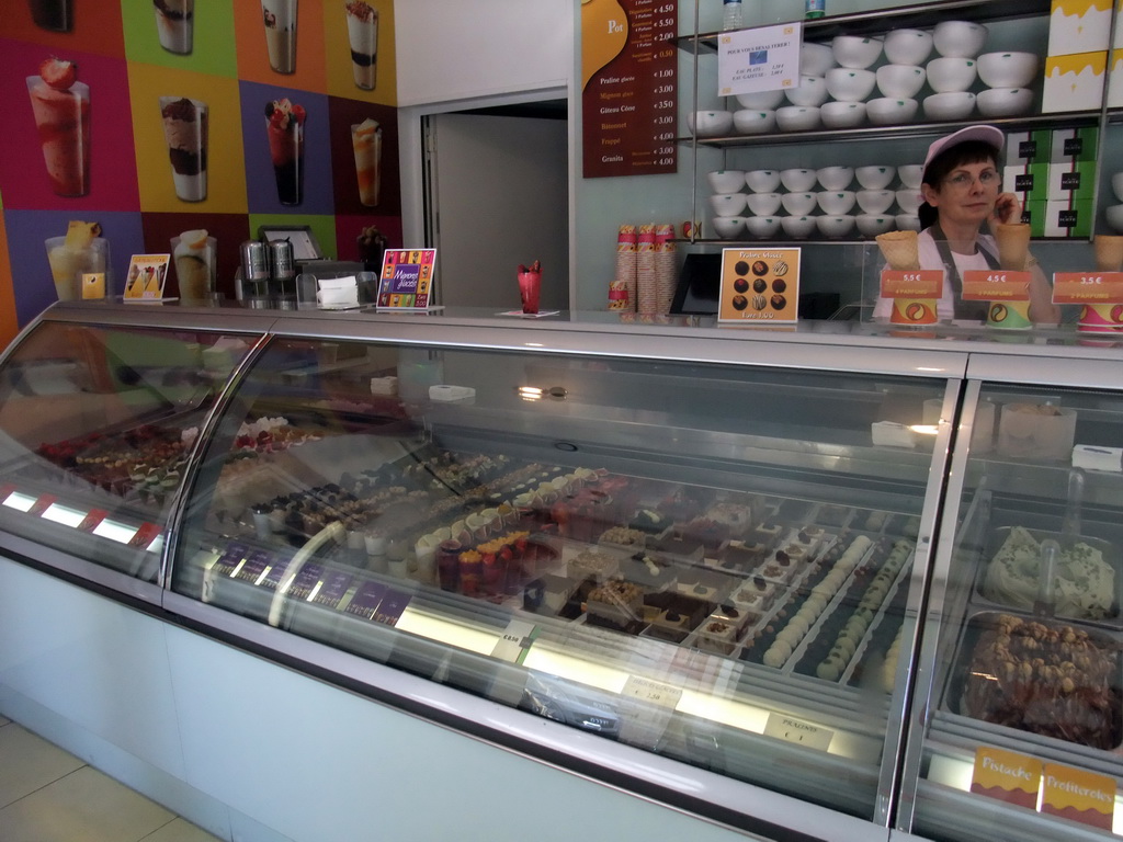 Ice creams and cakes in the ice cream shop `Crema Di Gelato` at the Place du Palais de Justice square, at Vieux-Nice