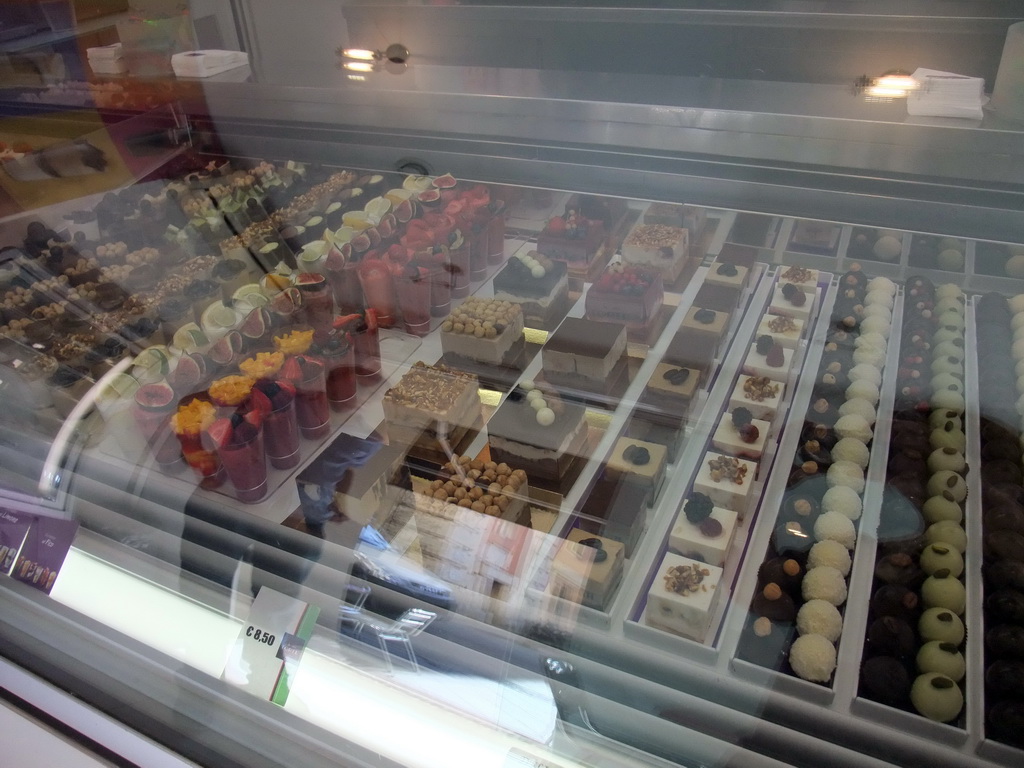Ice creams and cakes in the ice cream shop `Crema Di Gelato` at the Place du Palais de Justice square, at Vieux-Nice