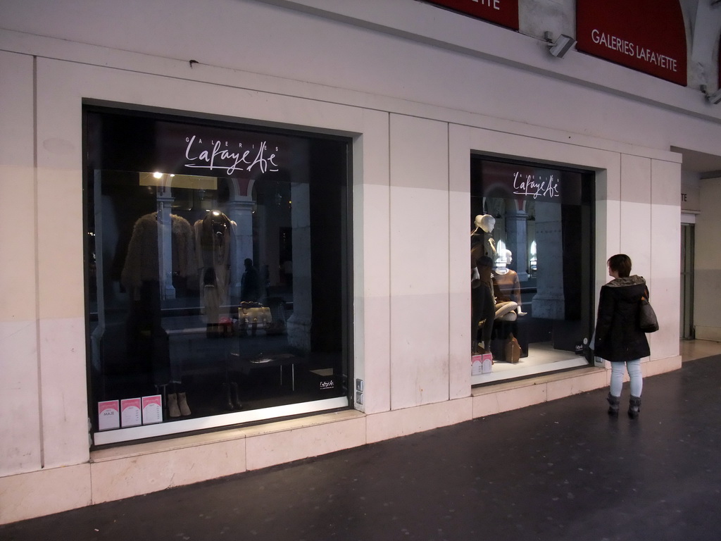 Miaomiao in front of the Galeries Lafayette department store in the Avenue Jean-Médecin, by night