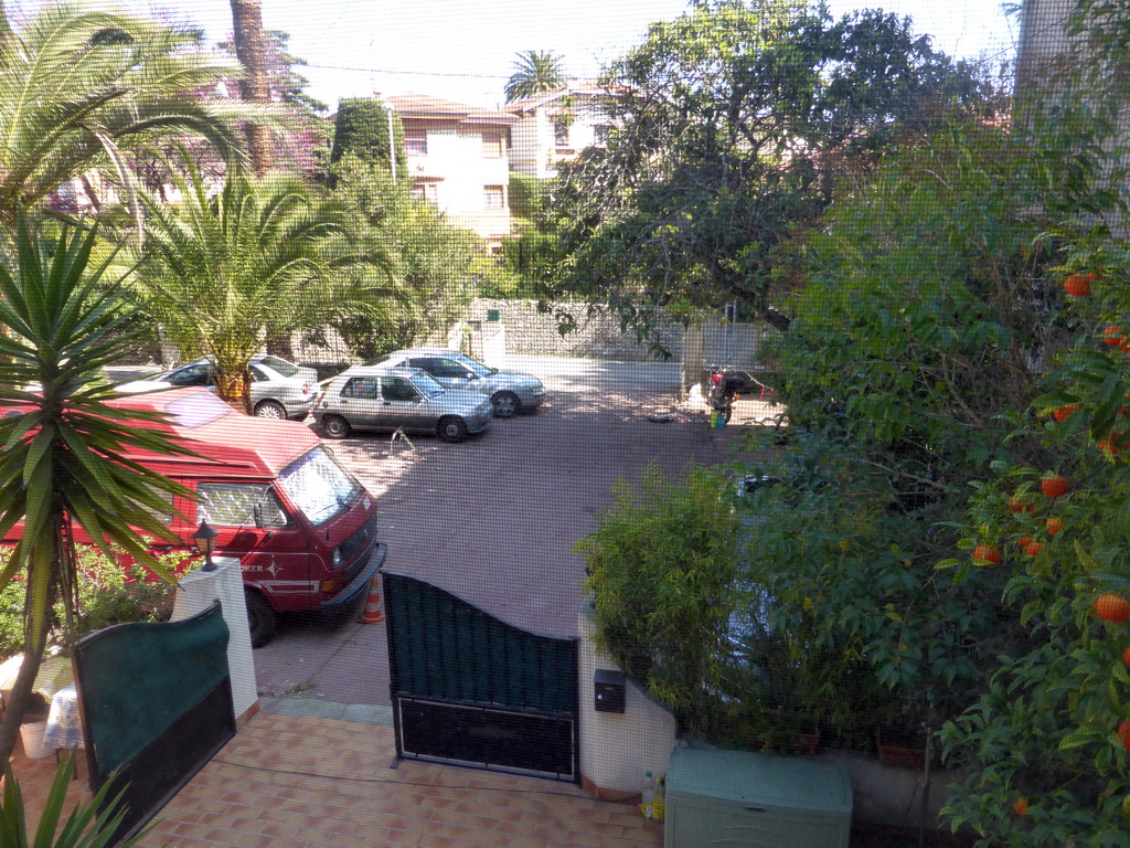 Our parking place and front garden, viewed from the window in the main bedroom of our holiday home `Maisonnette`