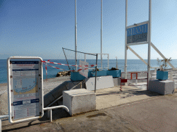 Entrance to the Miami Beach restaurant and information on the Fabron Public Beach, at the beach at the Promenade des Anglais