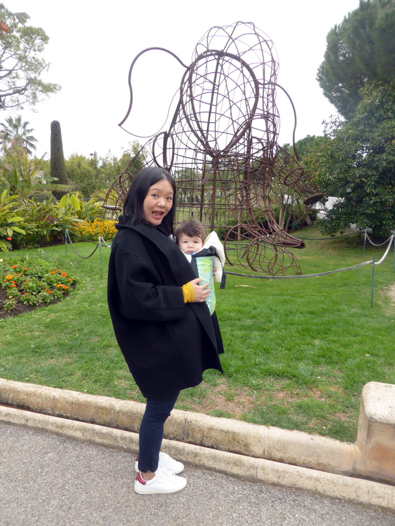 Miaomiao and Max with a piece of art of an Elephant at the Parc Phoenix zoo