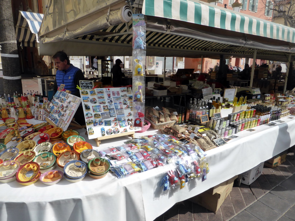 Souvenirs at a market stall at the Cours Saleya street, at Vieux-Nice