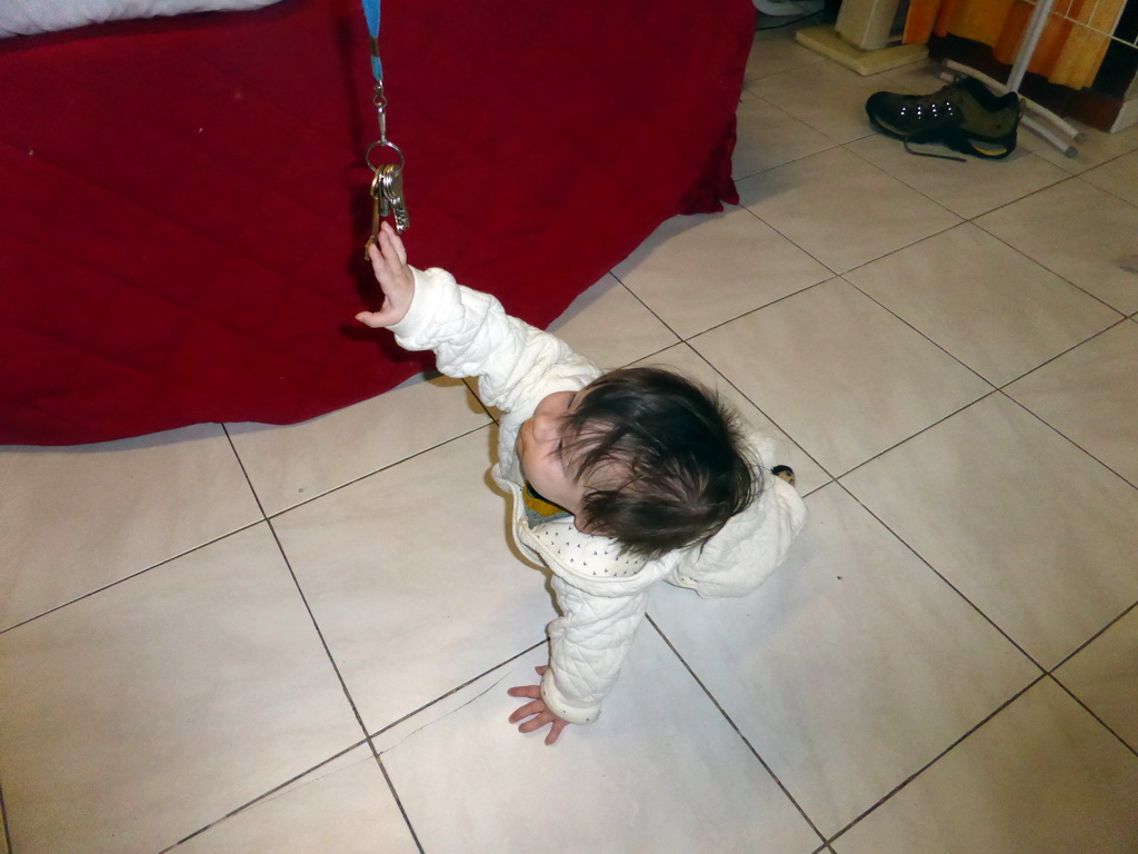 Max playing with keys on the floor of the living room of our holiday home `Maisonnette`