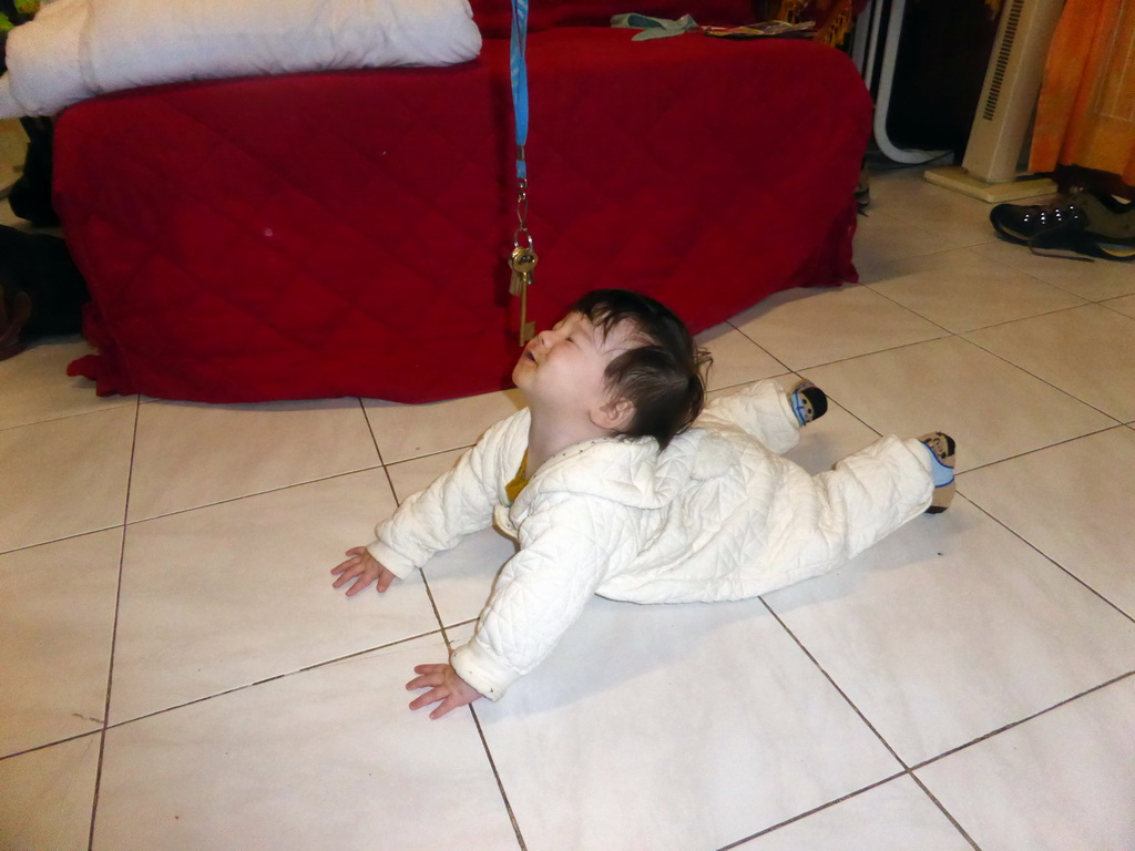 Max playing with keys on the floor of the living room of our holiday home `Maisonnette`