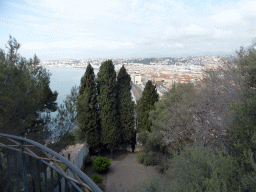 Trees at the southwest side of the Parc du Château, with a view on the Promenade des Anglais, Vieux-Nice and the Mediterranean Sea
