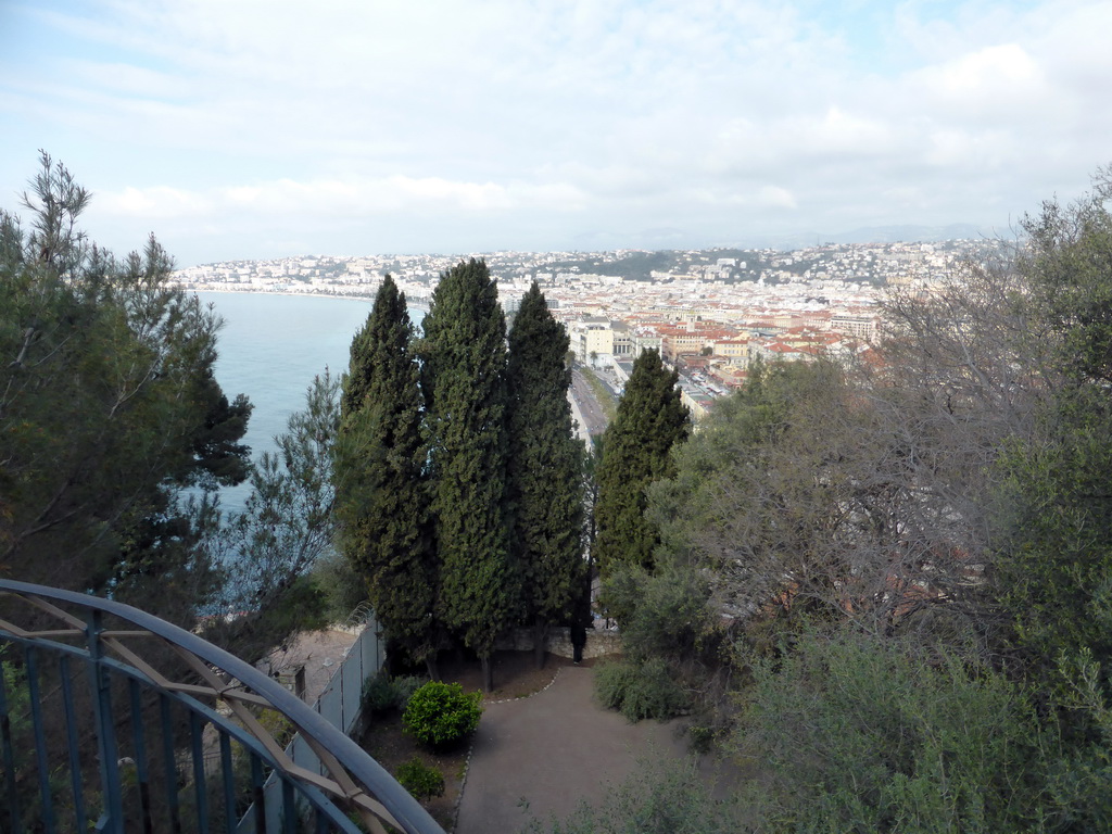 Trees at the southwest side of the Parc du Château, with a view on the Promenade des Anglais, Vieux-Nice and the Mediterranean Sea