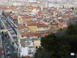 Vieux-Nice with the Marché aux Fleurs market at the Cours Saleya street, viewed from the viewing point at the southwest side of the Parc du Château