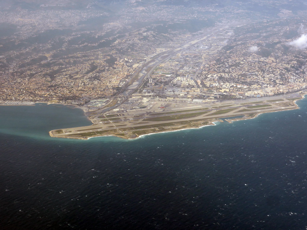 The Var river, Nice Côte d`Azur Airport and surroundings, viewed from the airplane to Amsterdam