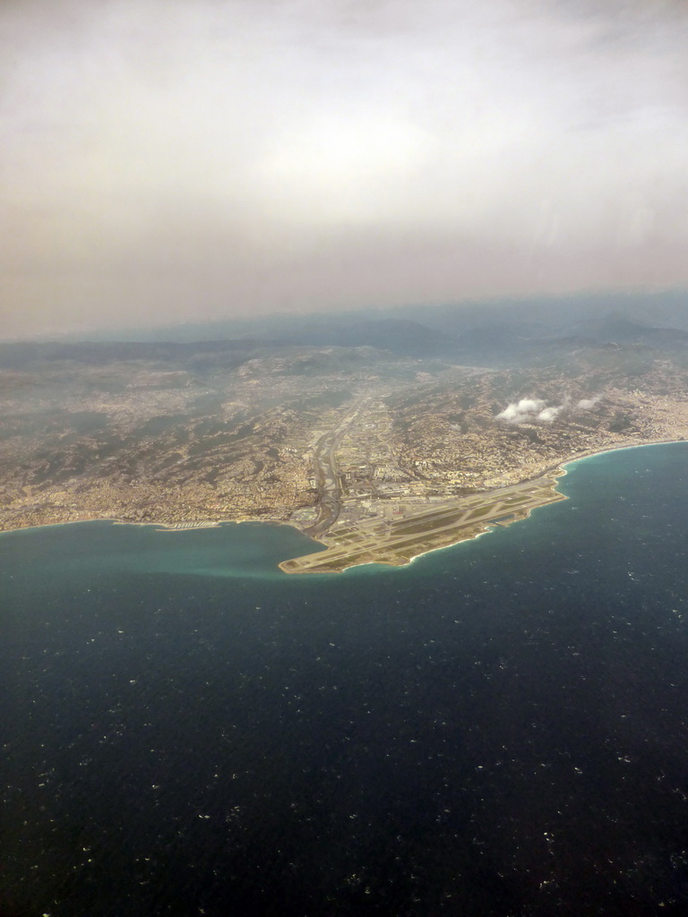 The Var river, Nice Côte d`Azur Airport and surroundings, viewed from the airplane to Amsterdam