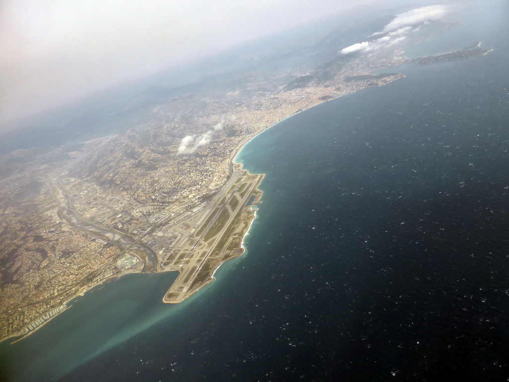 The Var river, Nice Côte d`Azur Airport and the city of Nice, viewed from the airplane to Amsterdam