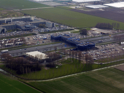 Bridge with restaurants over the A4 highway and the Hotel Van der Valk Schiphol at Hoofddorp, viewed from the airplane to Amsterdam