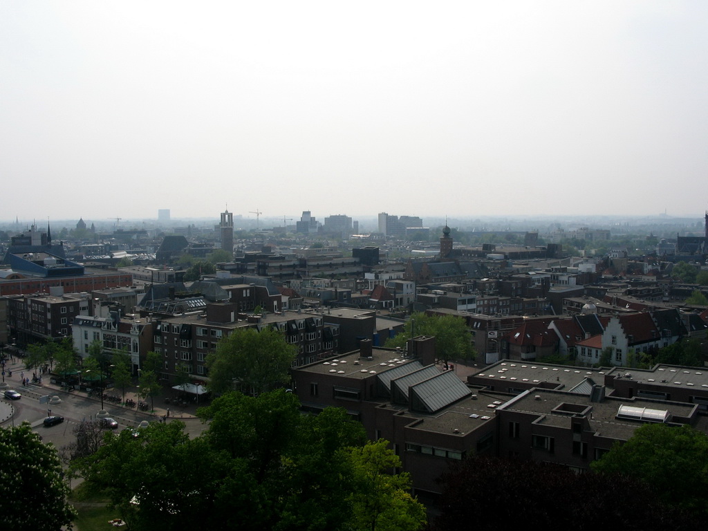 The city center with the towers of the Petrus Canisiuskerk church and the City Hall, viewed from the replica of the Donjon tower at the Valkhof park