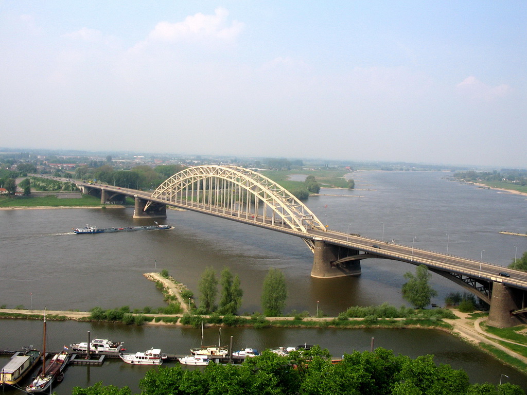The Waalbrug bridge over the Waal river, viewed from the replica of the Donjon tower at the Valkhof park