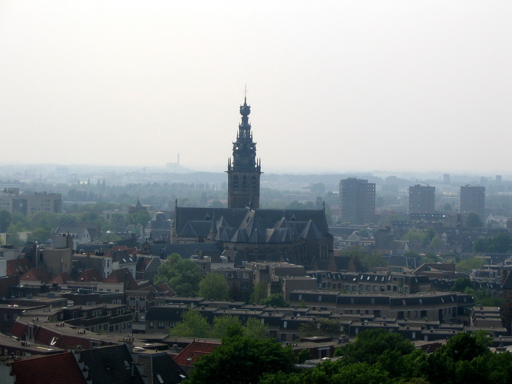 The city center with the Sint-Stevenskerk church, viewed from the replica of the Donjon tower at the Valkhof park