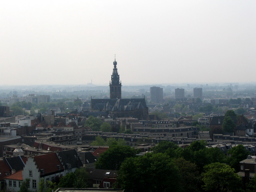 The city center with the Sint-Stevenskerk church, viewed from the replica of the Donjon tower at the Valkhof park