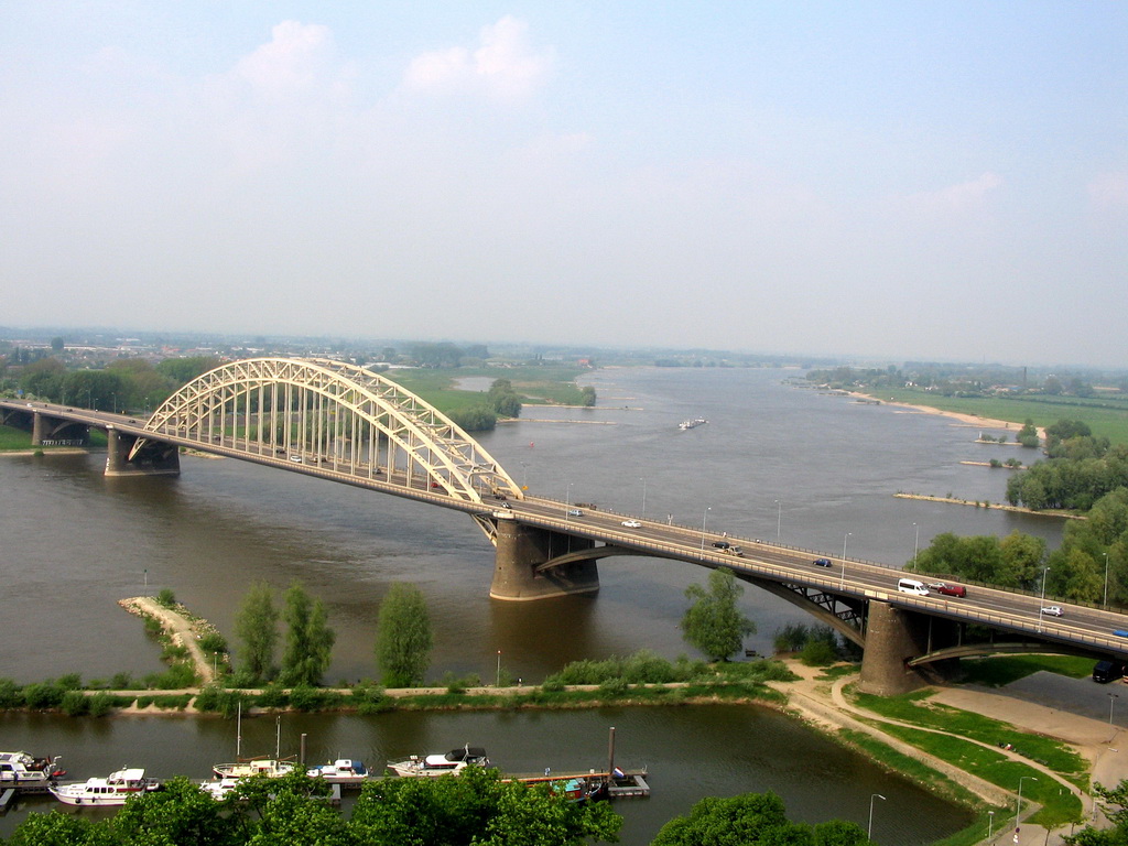 The Waalbrug bridge over the Waal river, viewed from the replica of the Donjon tower at the Valkhof park