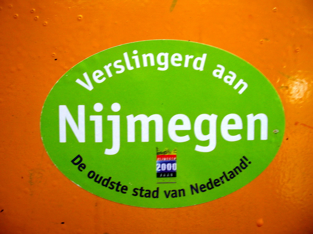 Logo of the Nijmegen 2000 Years celebrations, at the replica of the Donjon tower at the Valkhof park