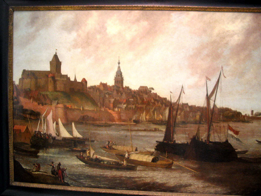 Painting of the Valkhof fortress and boats in the Waal river at the Valkhof museum