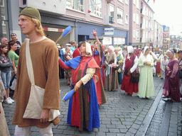 People in medieval clothes at the Houtstraat street, during the Gebroeders van Limburg Festival