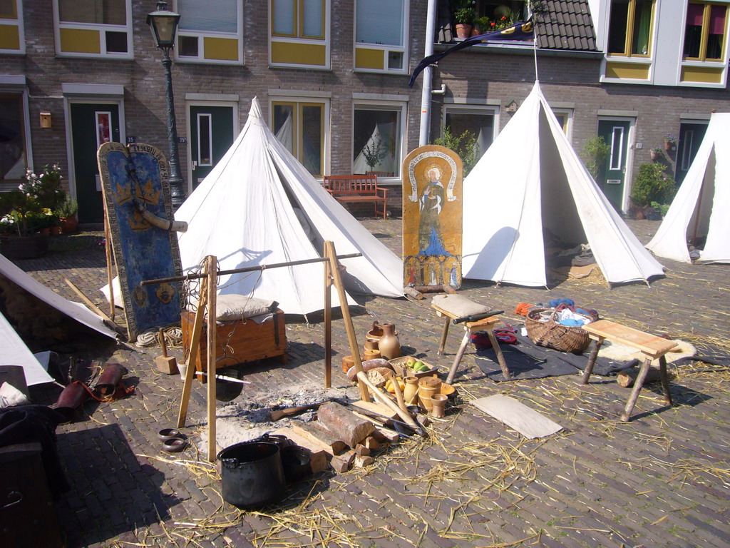 Medieval tents and tools at the Sint Stevenskerkhof square, during the Gebroeders van Limburg Festival