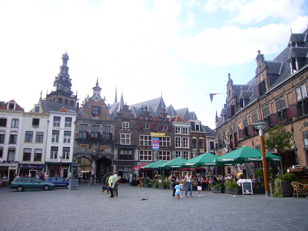 The Grote Markt square with the tower of the Sint Stevenskerk church, the Kerkboog arch and the Waag building, during the Gebroeders van Limburg Festival