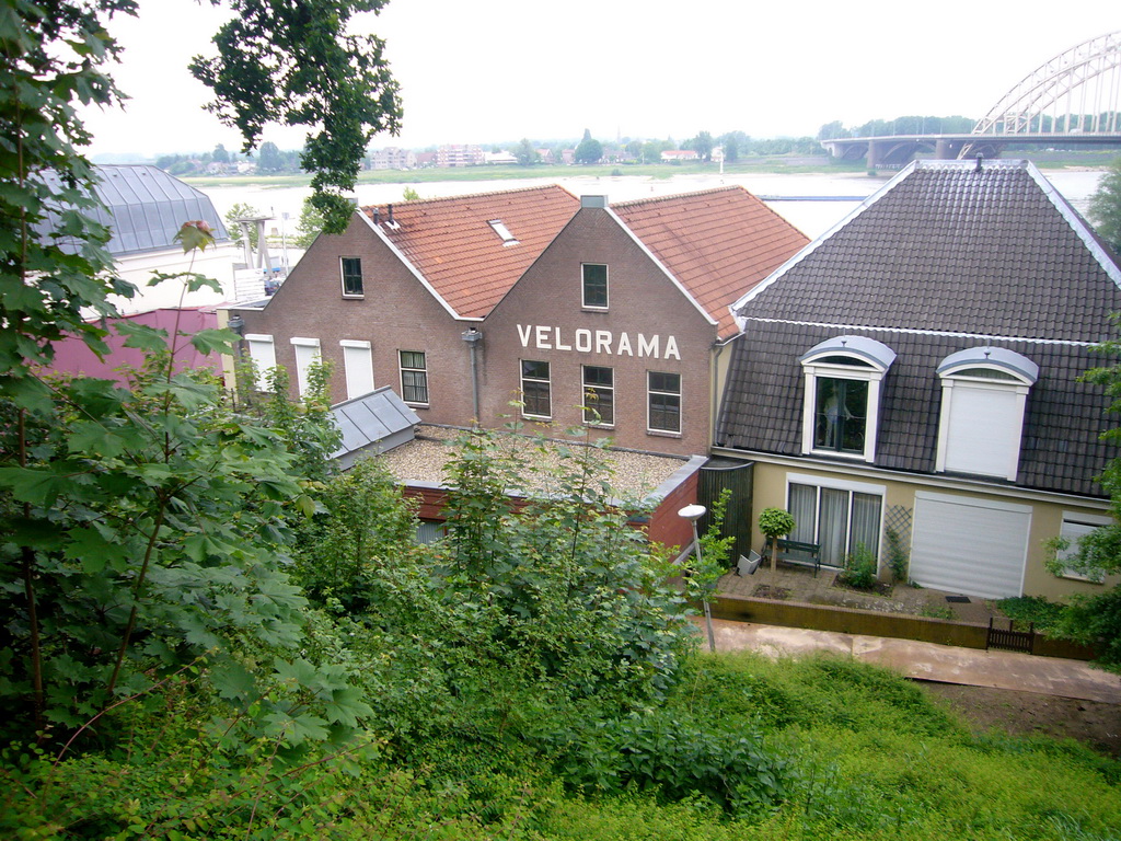 Back side of the Velorama museum and the Waal river, viewed from the staircase to the Valkhof park