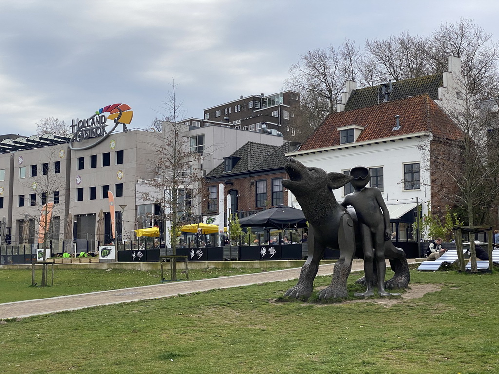 Statue `Waterwolf en Aquanaut` by Space Cowboys in front of the Holland Casino Nijmegen at the Waalkade street